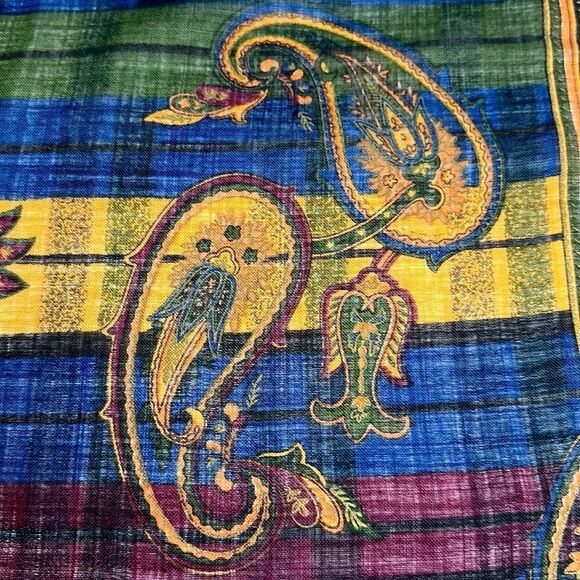 Albert Nipon Wool Square Scarf Shawl Green Blue Yellow Paisley 44x44” Vtg - Picture 9 of 11